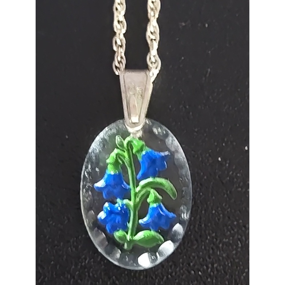 Forget Me Not Hand Painted‎ Flower Pendant Necklace Sterling Silver 925 Marked